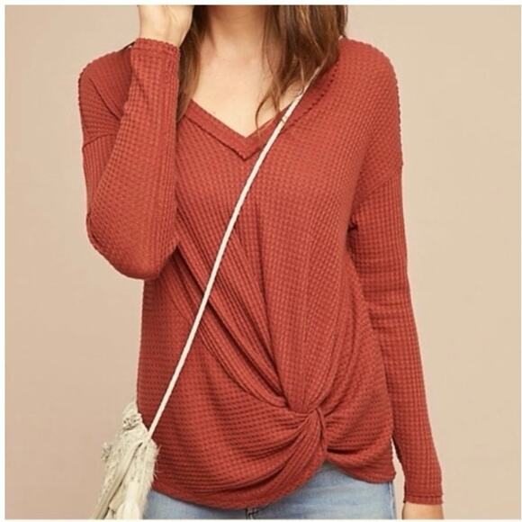 Anthropologie Akemi & Kin Rusty Orange Twist Front Waffle Knit Long Sleeve Large - Picture 9 of 10